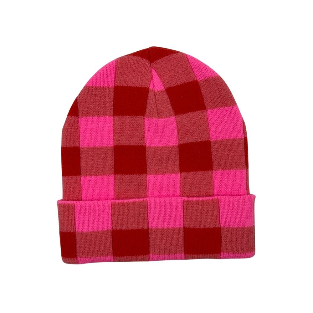 Anthropologie Maeve Pink Check Acrylic Knit Beanie Hat